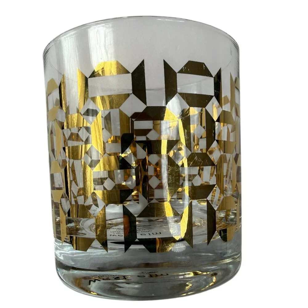WEST ELM Whiskey Glass Rocks Gold Geometric Pattern. Retro 1960s